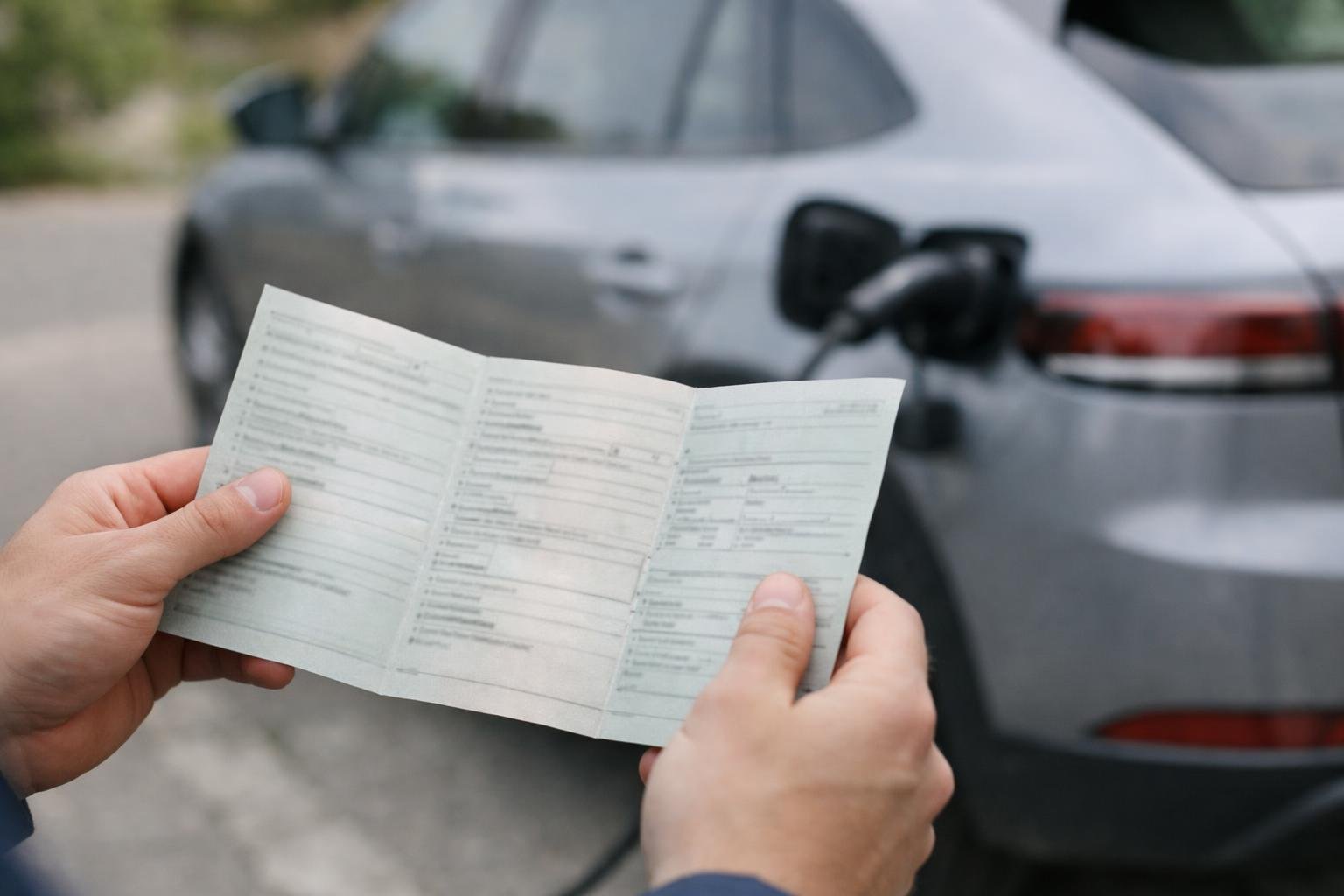KI-generiertes Bild: Hände halten eine aufgeklappte Zulassungsbescheinigung neben einem Elektroauto.