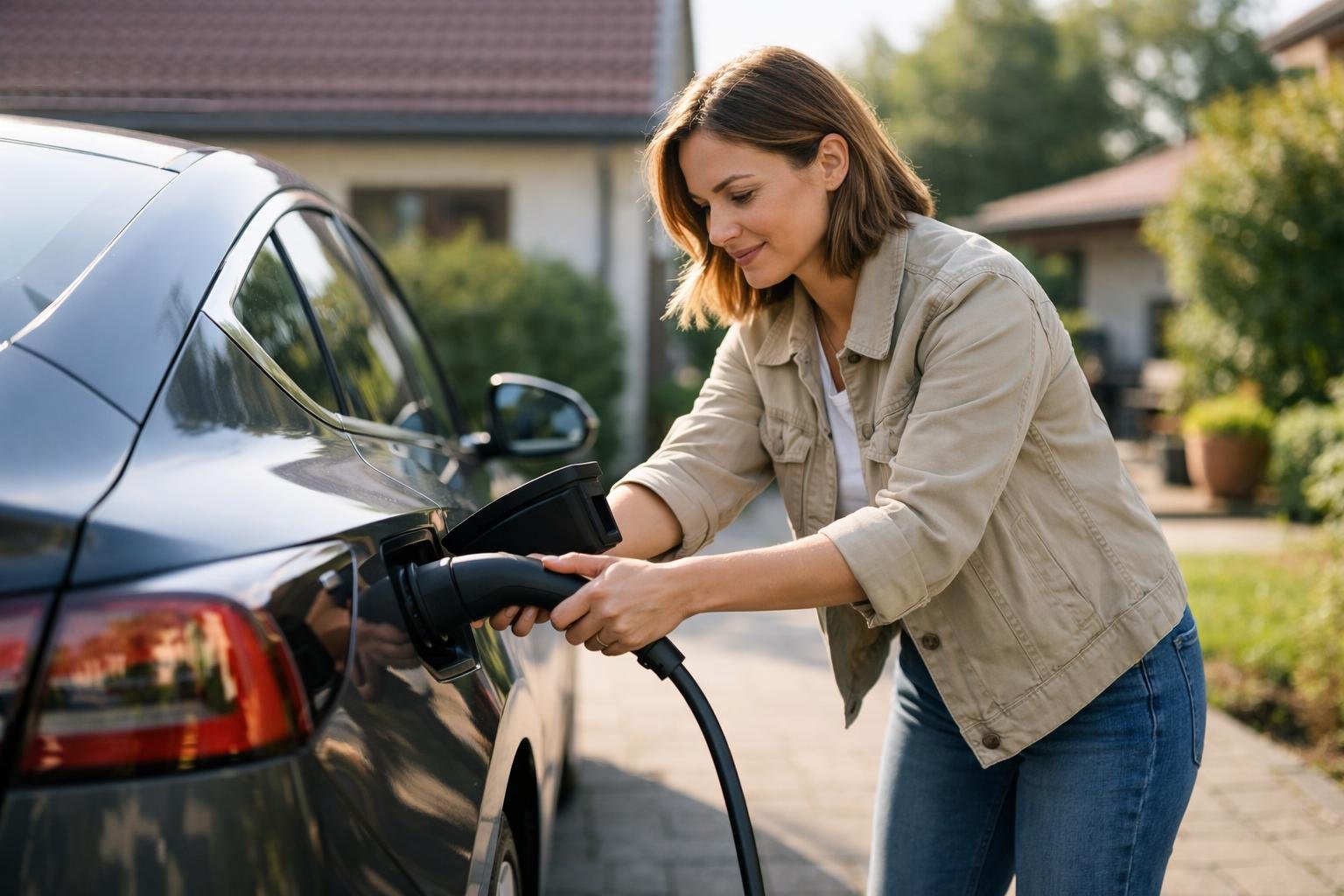 KI-generiertes Bild: Ein Elektroauto wird in einer Einfahrt an ein Ladekabel angeschlossen.