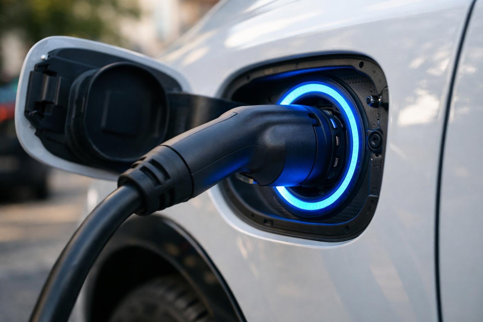 KI-generiertes Bild: Ein Ladestecker steckt im Ladeanschluss eines Elektroautos.