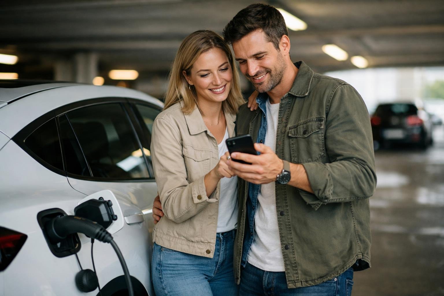 KI-generiertes Bild: Zwei Personen schauen neben einem Elektroauto gemeinsam auf ein Smartphone.