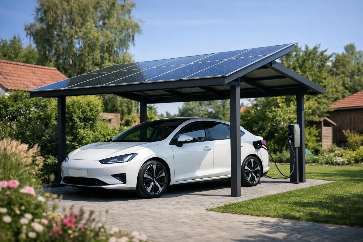 KI-generiertes Bild: Ein Elektroauto steht unter einem Solar-Carport in einem Garten.
