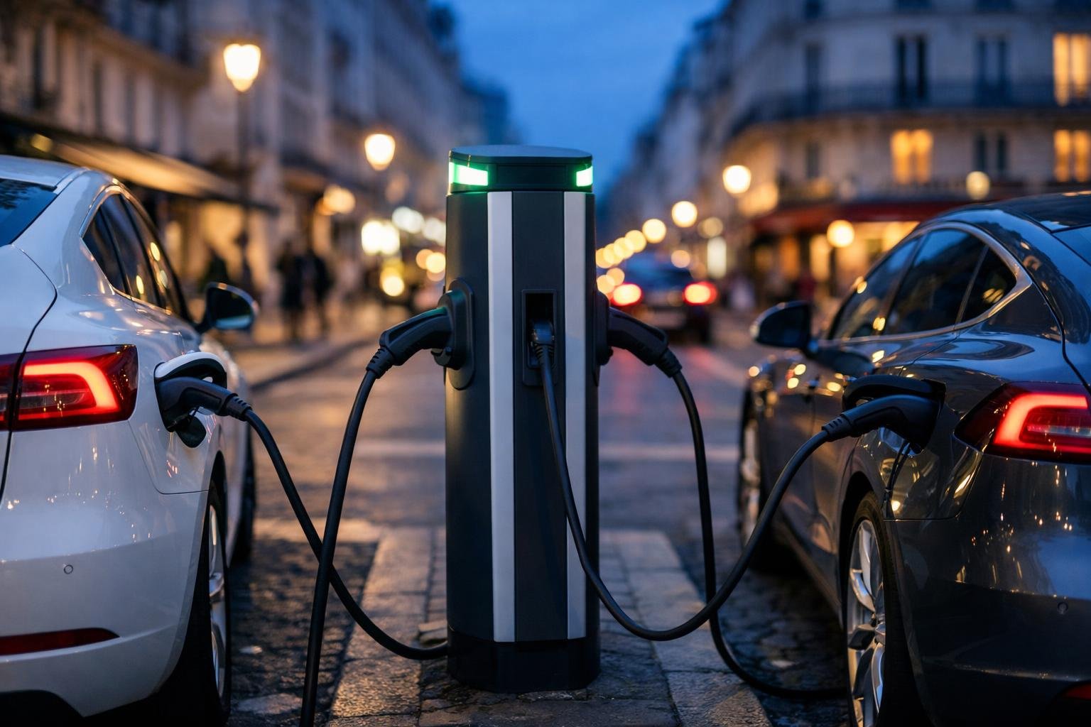 KI-generiertes Bild: Zwei Elektroautos laden an einer Ladesäule an einer Straße in der Stadt.